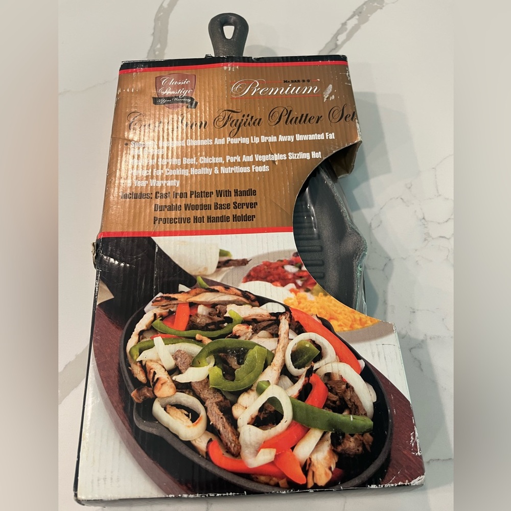 Mr Bar-B-Q Premium Classic Prestige CAST IRON FAJITA PLATTER SET Wood Base New